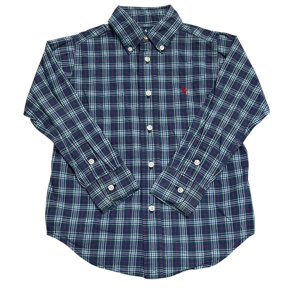Ralph Lauren Button Down Shirt Boys Size 4/4T Blue Plaid Long Sleeve Pony Logo